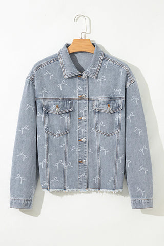 Bow Print Denim Jacket with Raw Hem