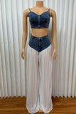 Pleated Wide-Leg Pants Set with Denim Top
