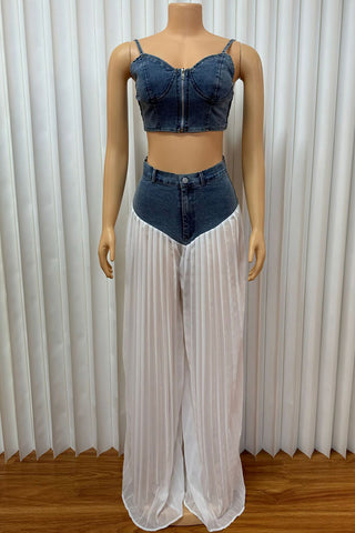 Pleated Wide-Leg Pants Set with Denim Top