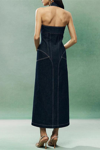 Zip-Front Denim Halter Dress