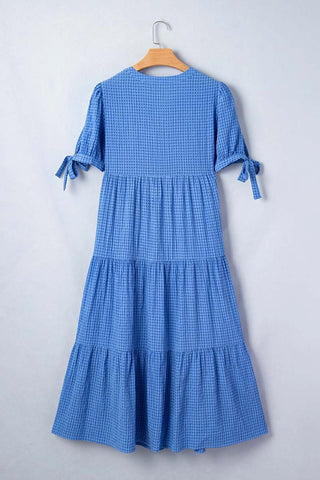 Gingham Bow Tie Short Sleeve Tiered Midi Dress