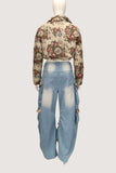 Floral Patch Pockets Wide-Leg Jeans
