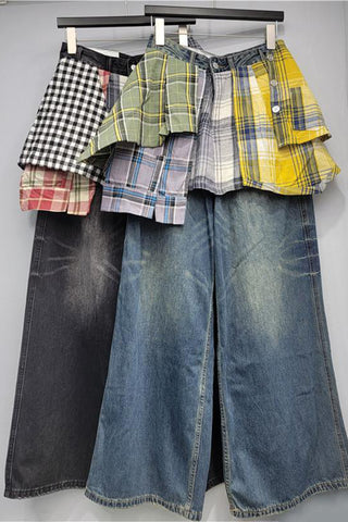 Plaid Layered Straight Jeans