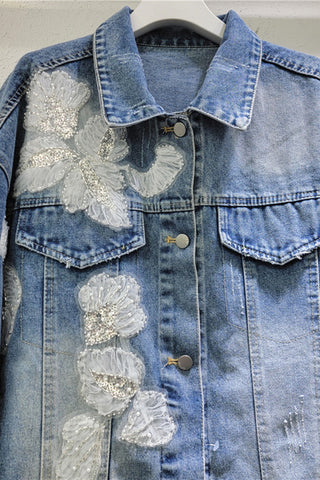 Denim Jacket with Feather Trim