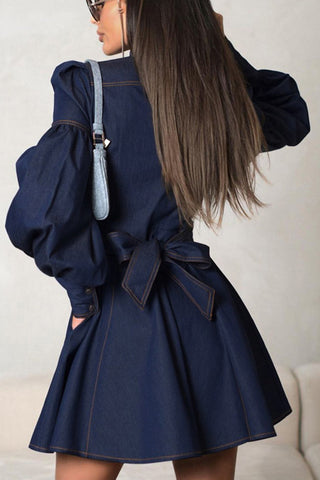 Button-Down Puff Sleeve Denim Dress