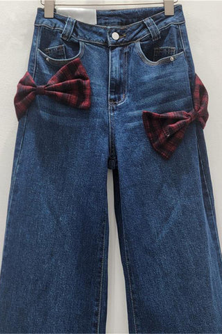 Bow-Accent Wide-Leg Straight Jeans