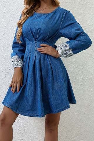 Elegant Denim Dress with Lace Cuffs