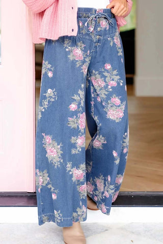 Elastic Waist Floral Wide-Leg Jeans