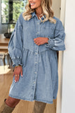 Smocked Cuffs Flared Denim Shirt Mini Dress
