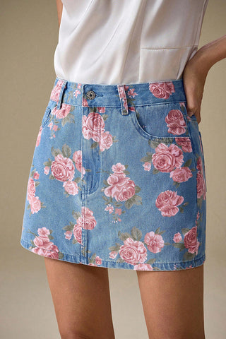 Floral Button-Front Mini Skirt