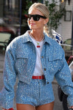 Sequin Embellished Cropped Denim Jacket