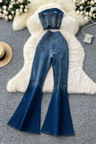 Strapless Denim Flared Pants Set