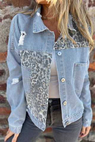 Distressed Leopard-Accent Denim Jacket