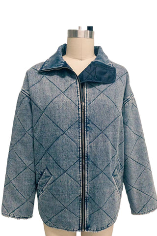 Quilted Zip-Front Denim Jacket