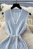 Striped V-Neck Belted Dress