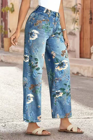 Floral Pattern High-Waisted Jeans