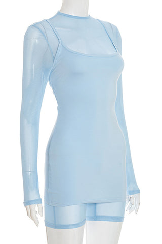 Long-Sleeve Mesh Romper with Layered Dress Set