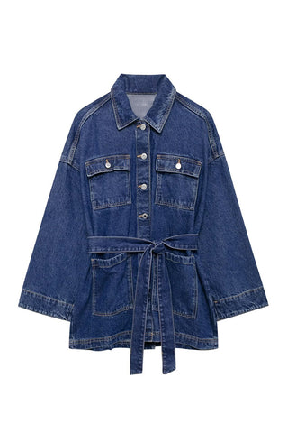 Belted Button-Front Denim Jacket