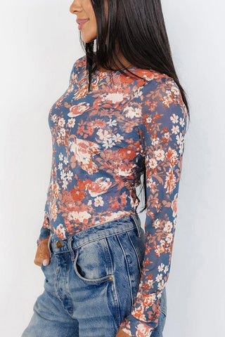 Floral Mesh Fitted Long Sleeve Top