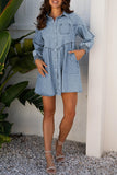Smocked Cuffs Flared Denim Shirt Dress