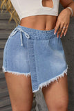 Wrap Style Denim Shorts with Frayed Hem