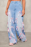 Playful Ribbon-Accent Wide-Leg Jeans