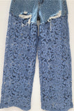 Lace-Overlay Distressed Wide Leg Jeans