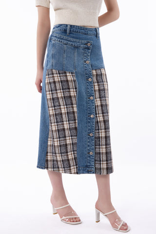 Buttoned Denim and Plaid Midi Skirt