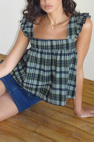 Ruffled Strap Plaid Tank Top
