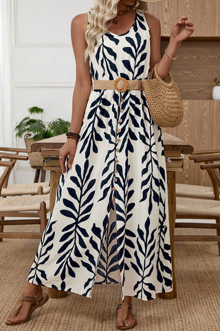 Leaf Print Sleeveless Casual Dress