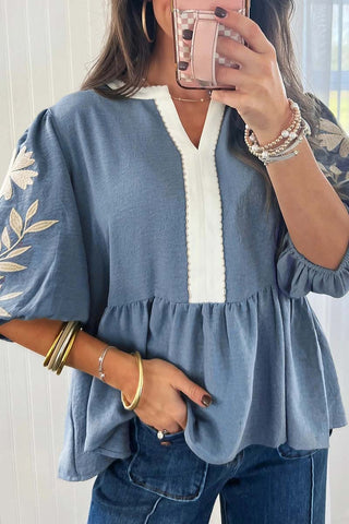 Color Block Patchwork V Neck Puff Sleeve Blouse