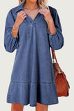 V-Neck Denim Dress with Puffed Sleeves