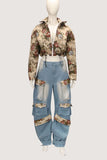 Floral Patch Pockets Wide-Leg Jeans