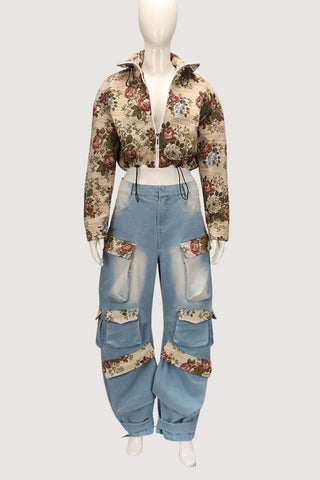 Floral Patch Pockets Wide-Leg Jeans