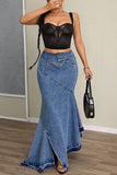 Asymmetric Hem Denim Maxi Skirt