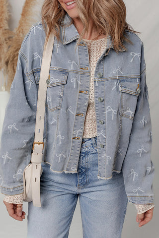 Bow Print Denim Jacket with Raw Hem