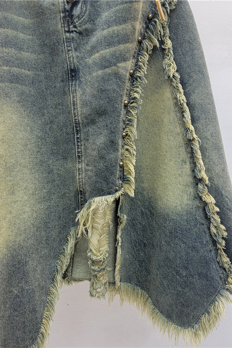 Asymmetrical Fringe Denim Skirt