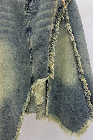 Asymmetrical Fringe Denim Skirt