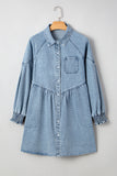 Smocked Cuffs Flared Denim Shirt Mini Dress
