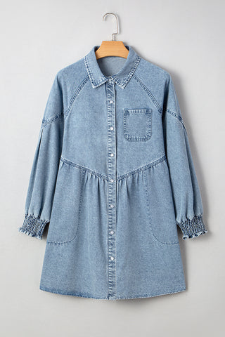 Smocked Cuffs Flared Denim Shirt Mini Dress
