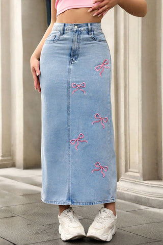 Bow-Accent Denim Maxi Skirt