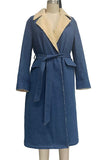 Belted Denim Coat with Plush Trim