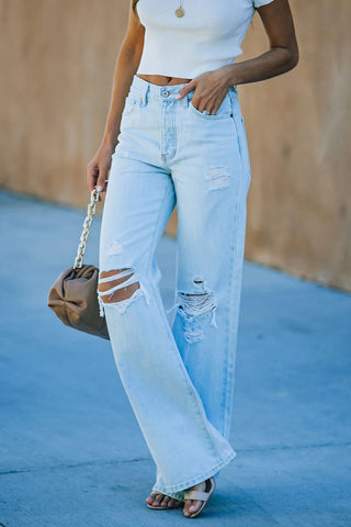 High-Waisted Distressed Straight Jeans