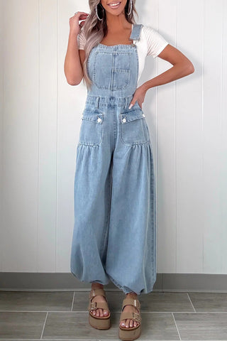 Wide-Leg Denim Overall Jumpsuit