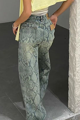Snake-Print Straight Leg Jeans