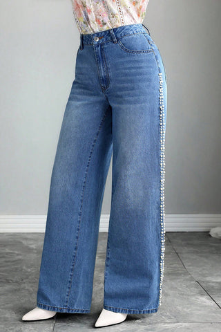 Pearl-Trim Wide Leg Jeans