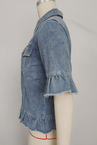 Distressed Denim Jacket with Fringe Detailing