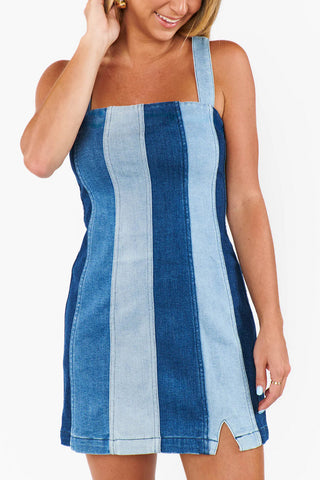 Patchwork Mini Dress with Square Neck
