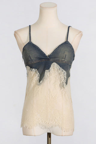 Sheer Lace Overlay Denim Set