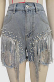 Fringe Accent Denim Shorts